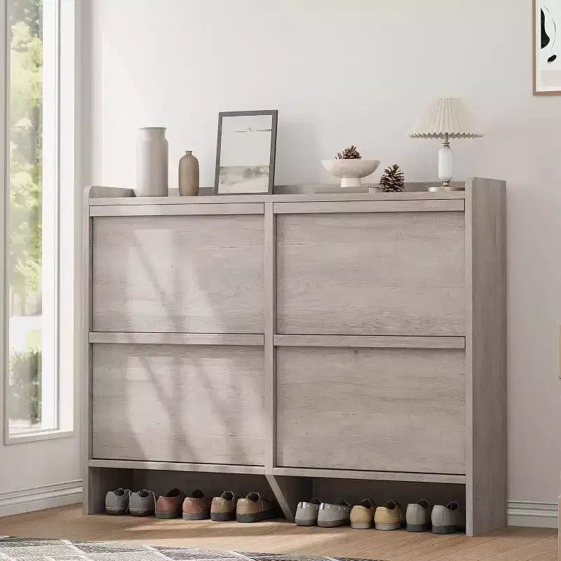 Meuble à chaussures autoportant de 120 cm avec 4 portes basculantes, étagère réglable, organisateur de rangement en bois caché pour entrée, couloir