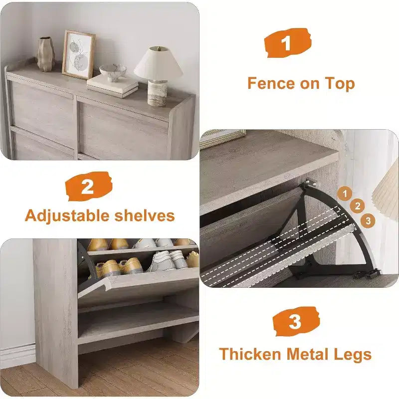 Meuble à chaussures autoportant de 120 cm avec 4 portes basculantes, étagère réglable, organisateur de rangement en bois caché pour entrée, couloir