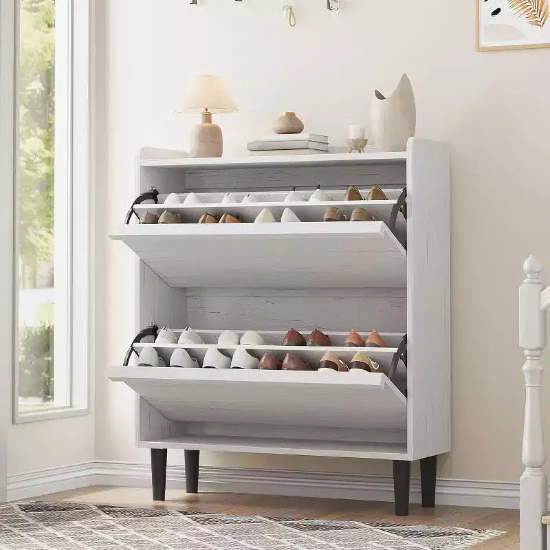 Meuble à chaussures autoportant de 120 cm avec 4 portes basculantes, étagère réglable, organisateur de rangement en bois caché pour entrée, couloir