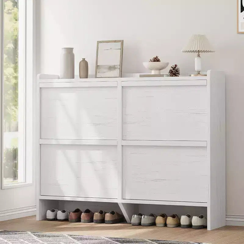 Meuble à chaussures autoportant de 120 cm avec 4 portes basculantes, étagère réglable, organisateur de rangement en bois caché pour entrée, couloir