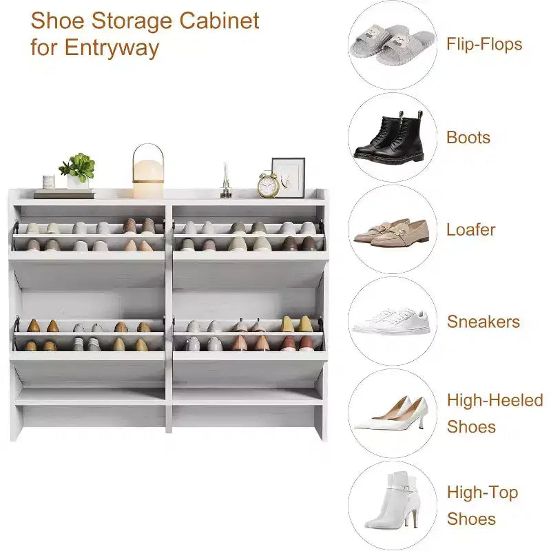 Meuble à chaussures autoportant de 120 cm avec 4 portes basculantes, étagère réglable, organisateur de rangement en bois caché pour entrée, couloir