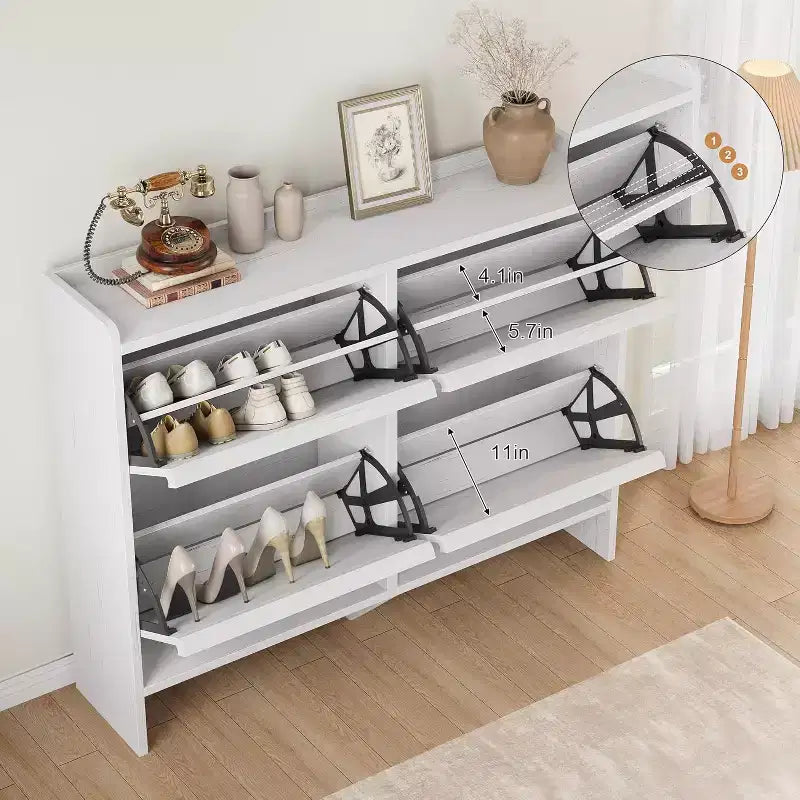 Meuble à chaussures autoportant de 120 cm avec 4 portes basculantes, étagère réglable, organisateur de rangement en bois caché pour entrée, couloir