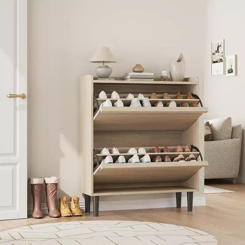 Meuble à chaussures autoportant de 120 cm avec 4 portes basculantes, étagère réglable, organisateur de rangement en bois caché pour entrée, couloir