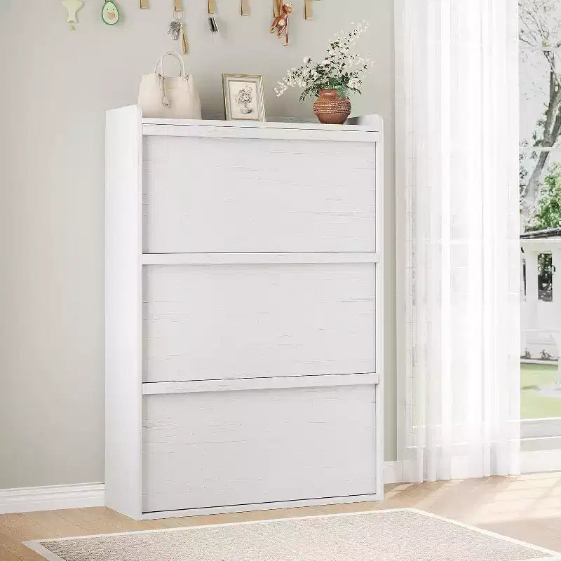 Meuble à chaussures autoportant de 120 cm avec 4 portes basculantes, étagère réglable, organisateur de rangement en bois caché pour entrée, couloir