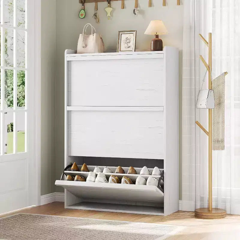 Meuble à chaussures autoportant de 120 cm avec 4 portes basculantes, étagère réglable, organisateur de rangement en bois caché pour entrée, couloir