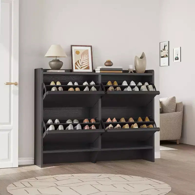 Meuble à chaussures autoportant de 120 cm avec 4 portes basculantes, étagère réglable, organisateur de rangement en bois caché pour entrée, couloir
