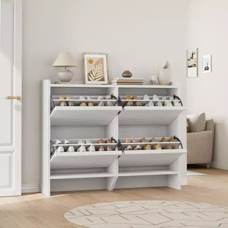 Meuble à chaussures autoportant de 120 cm avec 4 portes basculantes, étagère réglable, organisateur de rangement en bois caché pour entrée, couloir