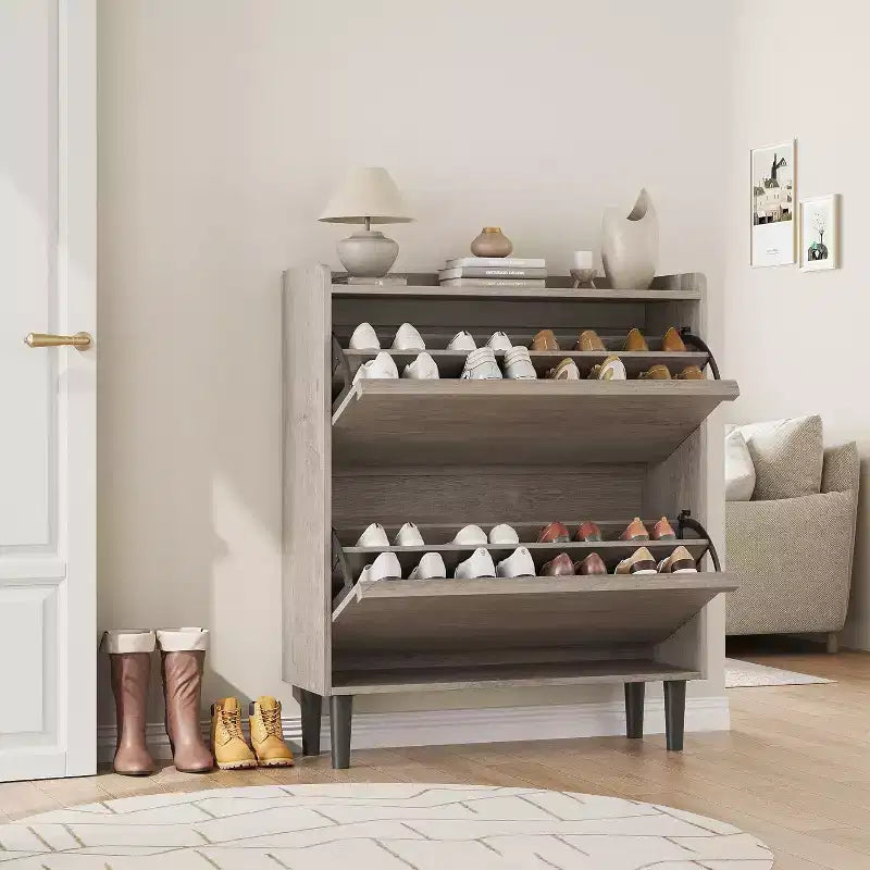 Meuble à chaussures autoportant de 120 cm avec 4 portes basculantes, étagère réglable, organisateur de rangement en bois caché pour entrée, couloir