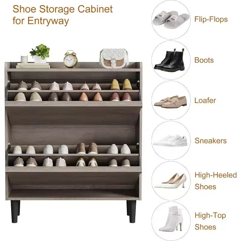 Meuble à chaussures autoportant de 120 cm avec 4 portes basculantes, étagère réglable, organisateur de rangement en bois caché pour entrée, couloir