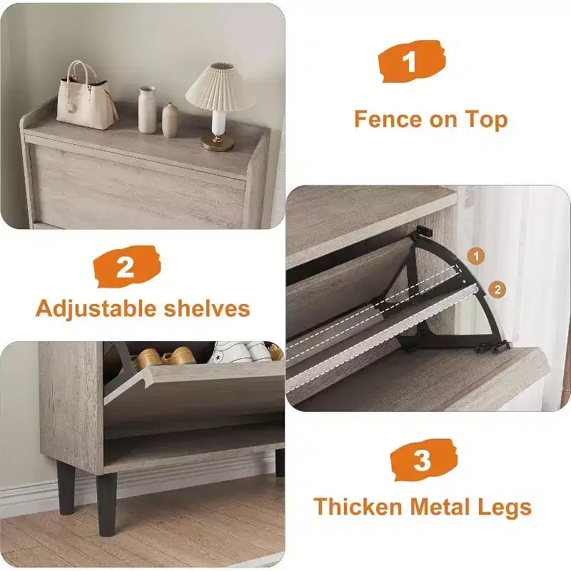 Meuble à chaussures autoportant de 120 cm avec 4 portes basculantes, étagère réglable, organisateur de rangement en bois caché pour entrée, couloir