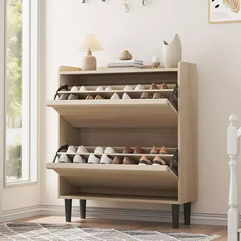 Meuble à chaussures autoportant de 120 cm avec 4 portes basculantes, étagère réglable, organisateur de rangement en bois caché pour entrée, couloir