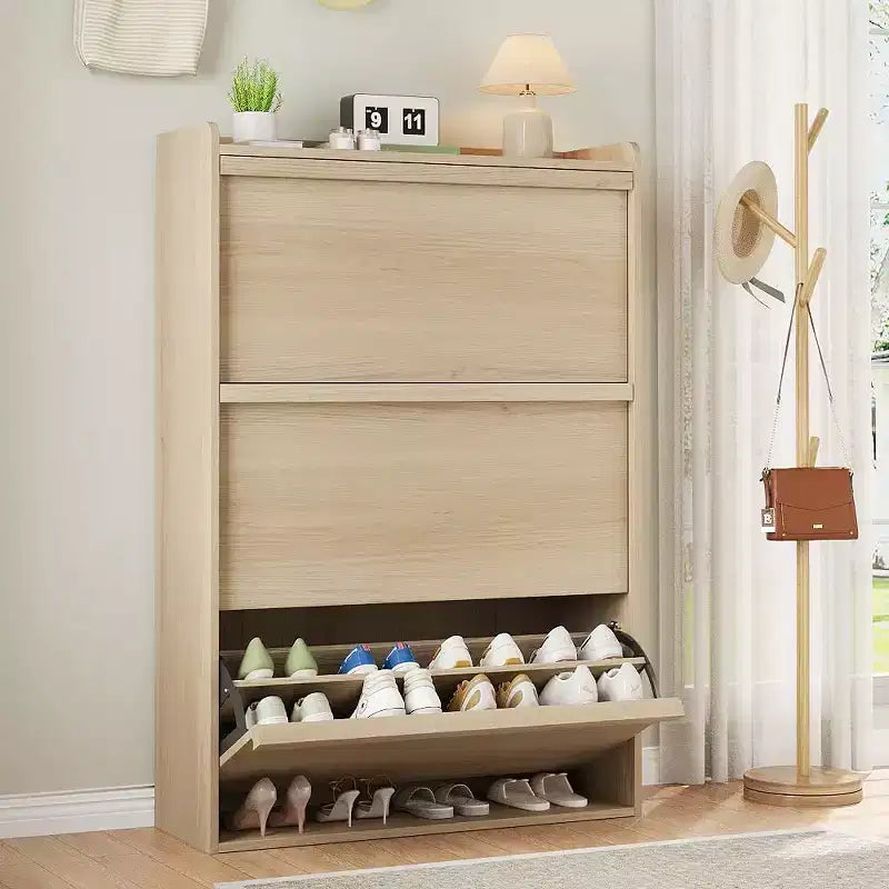Meuble à chaussures autoportant de 120 cm avec 4 portes basculantes, étagère réglable, organisateur de rangement en bois caché pour entrée, couloir