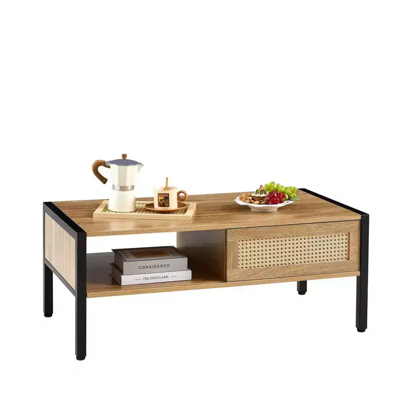 Table basse, 102 cm, design moderne, compartiment caché et étagère ouverte, panneau en rotin, pieds en métal pour salon/bureau
