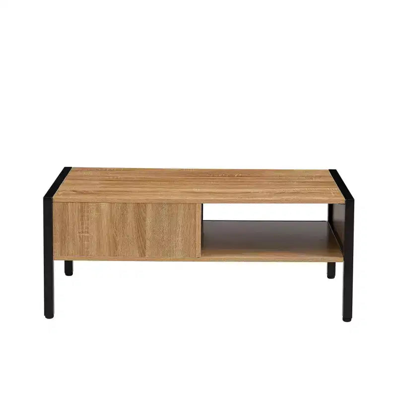 Table basse, 102 cm, design moderne, compartiment caché et étagère ouverte, panneau en rotin, pieds en métal pour salon/bureau