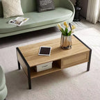Table basse, 102 cm, design moderne, compartiment caché et étagère ouverte, panneau en rotin, pieds en métal pour salon/bureau