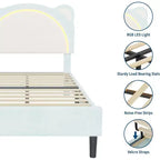 Lit Souple pour Enfants, Tête de Lit Réglable, Support à Lattes en Bois Massif, Silencieux, Facile à Assembler, avec un Joli Design en Forme d'Ours et Tiroirs