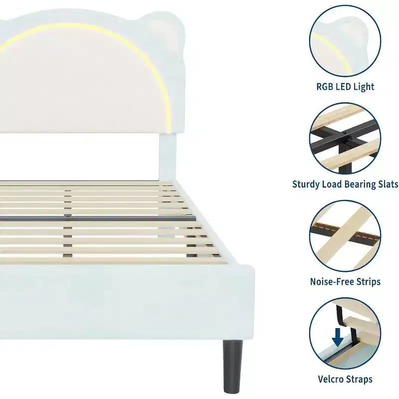 Lit Souple pour Enfants, Tête de Lit Réglable, Support à Lattes en Bois Massif, Silencieux, Facile à Assembler, avec un Joli Design en Forme d'Ours et Tiroirs