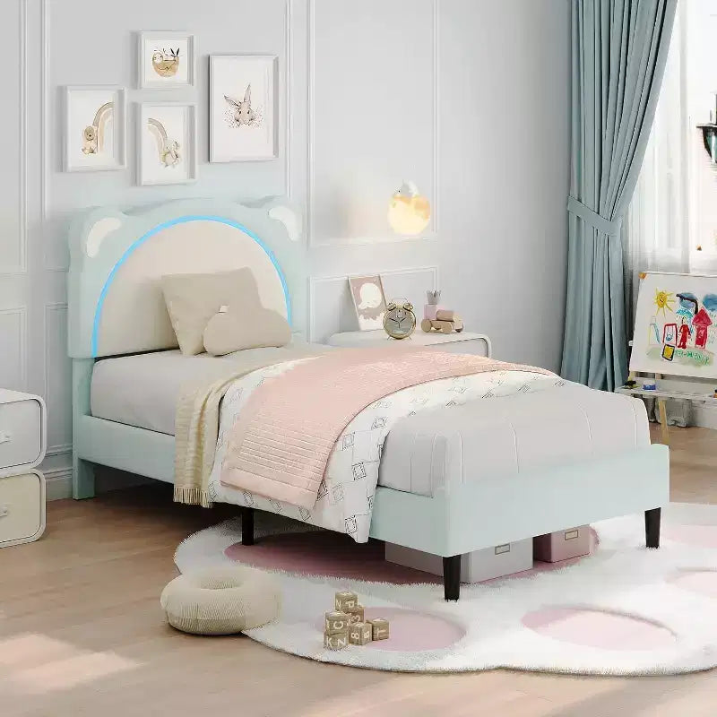 Lit Souple pour Enfants, Tête de Lit Réglable, Support à Lattes en Bois Massif, Silencieux, Facile à Assembler, avec un Joli Design en Forme d'Ours et Tiroirs