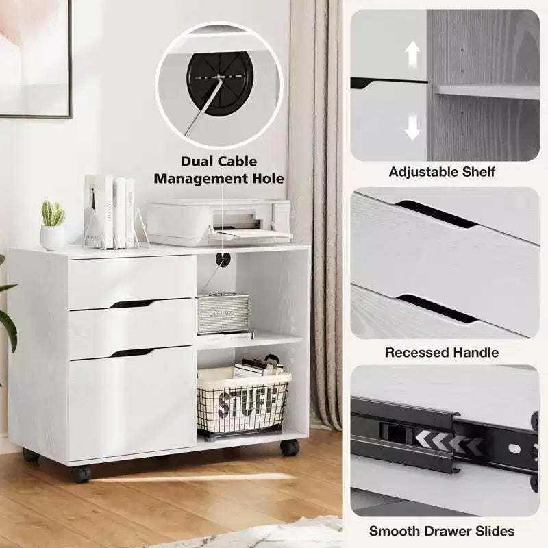 Meuble de classement mobile moderne à 3 tiroirs Okak avec tiroirs en bois et roulettes, armoire de rangement latérale pour le bureau à domicile, l'étude