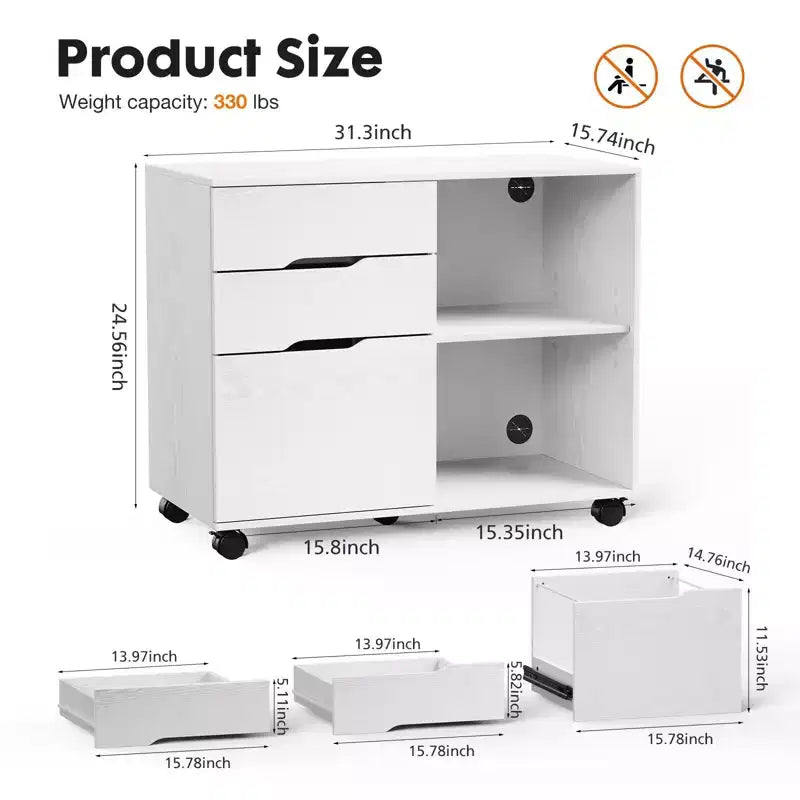 Meuble de classement mobile moderne à 3 tiroirs Okak avec tiroirs en bois et roulettes, armoire de rangement latérale pour le bureau à domicile, l'étude