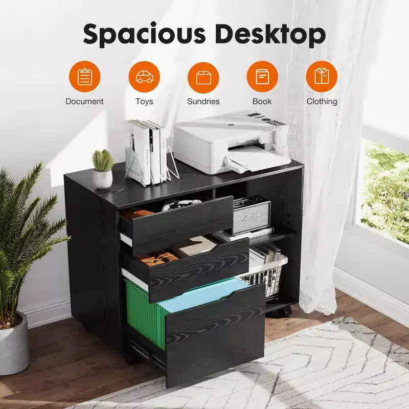 Meuble de classement mobile moderne à 3 tiroirs Okak avec tiroirs en bois et roulettes, armoire de rangement latérale pour le bureau à domicile, l'étude
