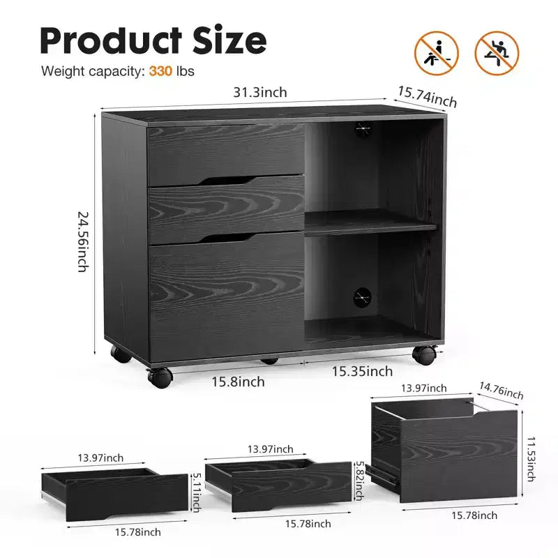 Meuble de classement mobile moderne à 3 tiroirs Okak avec tiroirs en bois et roulettes, armoire de rangement latérale pour le bureau à domicile, l'étude