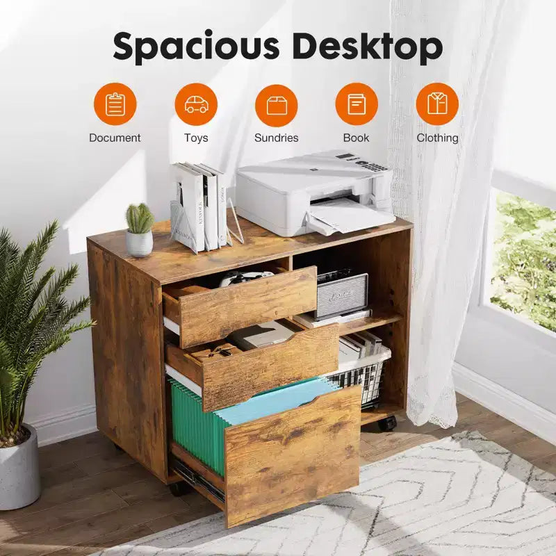 Meuble de classement mobile moderne à 3 tiroirs Okak avec tiroirs en bois et roulettes, armoire de rangement latérale pour le bureau à domicile, l'étude