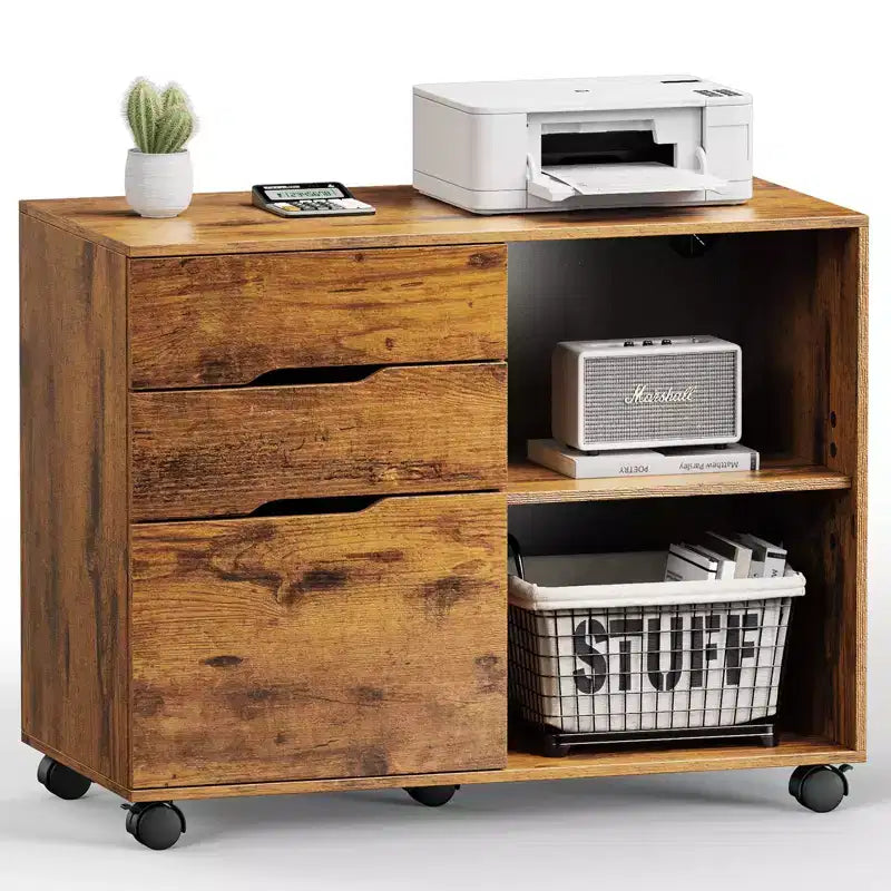 Meuble de classement mobile moderne à 3 tiroirs Okak avec tiroirs en bois et roulettes, armoire de rangement latérale pour le bureau à domicile, l'étude
