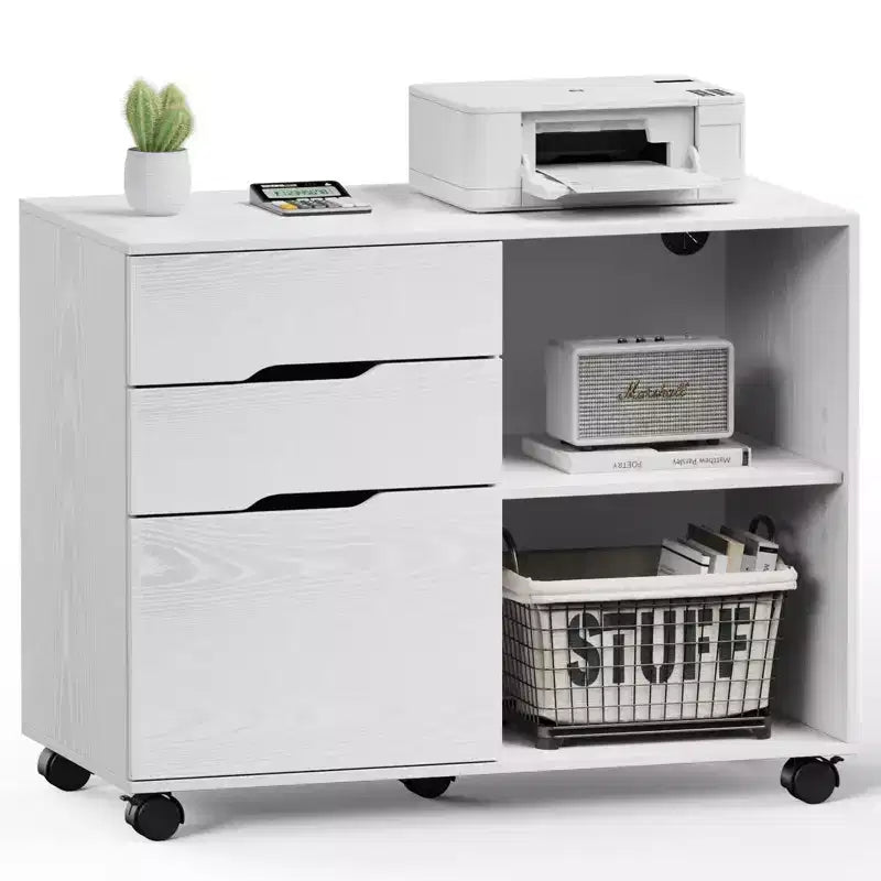 Meuble de classement mobile moderne à 3 tiroirs Okak avec tiroirs en bois et roulettes, armoire de rangement latérale pour le bureau à domicile, l'étude