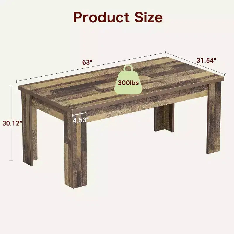 Table de salle à manger marron pour 6-8 personnes, table de cuisine rectangulaire de ferme de 180 cm, table de salle à manger en bois avec base de support renforcée et pieds triangulaires