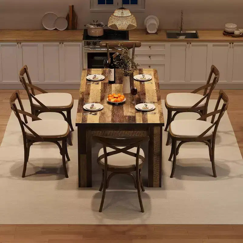 Table de salle à manger marron pour 6-8 personnes, table de cuisine rectangulaire de ferme de 180 cm, table de salle à manger en bois avec base de support renforcée et pieds triangulaires