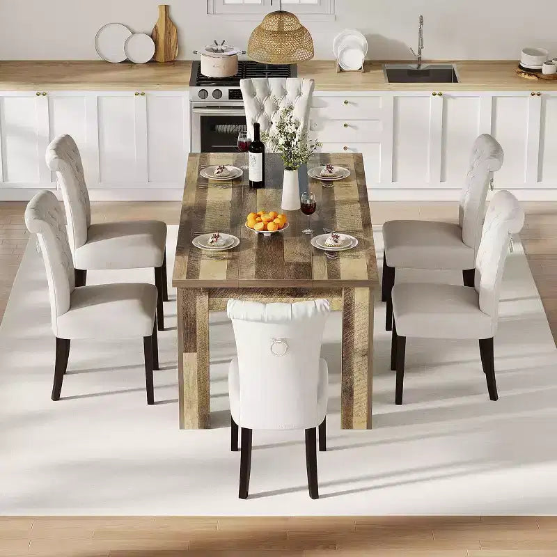 Table de salle à manger marron pour 6-8 personnes, table de cuisine rectangulaire de ferme de 180 cm, table de salle à manger en bois avec base de support renforcée et pieds triangulaires
