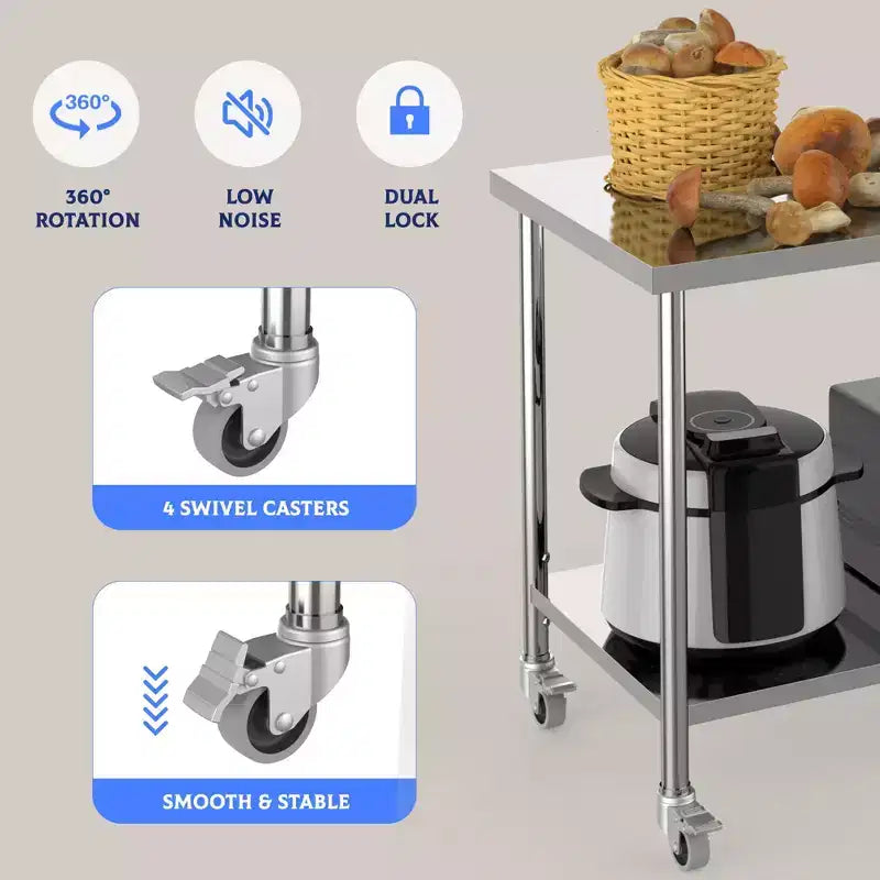 Table de travail en acier inoxydable 48x24x35, table de préparation robuste NSF avec étagère inférieure réglable