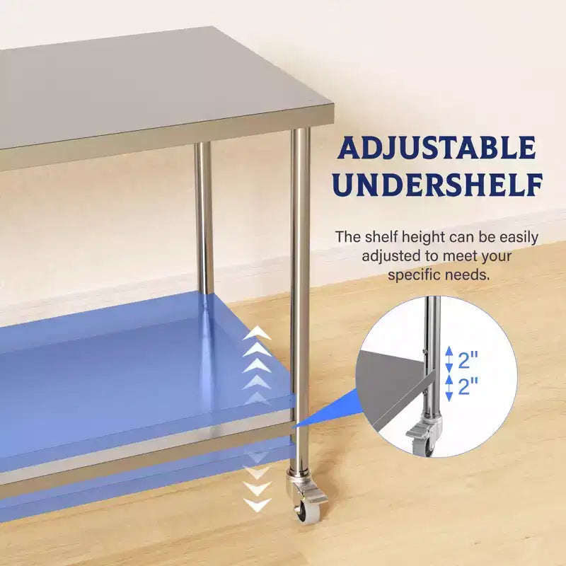 Table de travail en acier inoxydable 48x24x35, table de préparation robuste NSF avec étagère inférieure réglable