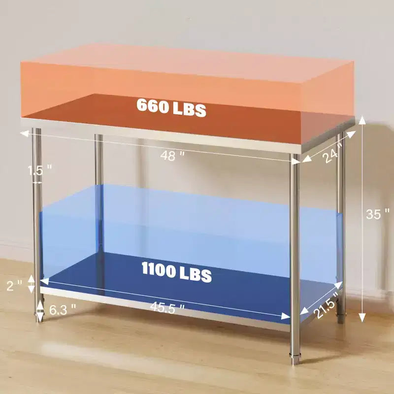Table de travail en acier inoxydable 48x24x35, table de préparation robuste NSF avec étagère inférieure réglable