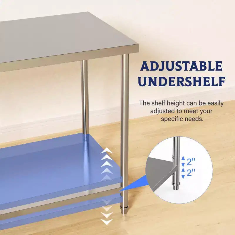 Table de travail en acier inoxydable 48x24x35, table de préparation robuste NSF avec étagère inférieure réglable