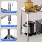 Table de travail en acier inoxydable 48x24x35, table de préparation robuste NSF avec étagère inférieure réglable