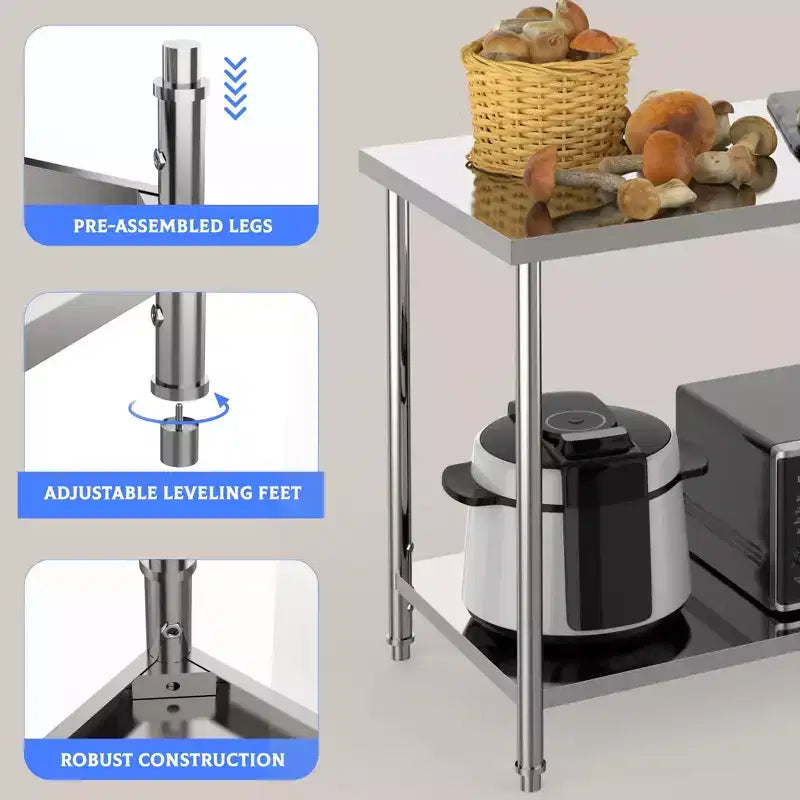 Table de travail en acier inoxydable 48x24x35, table de préparation robuste NSF avec étagère inférieure réglable