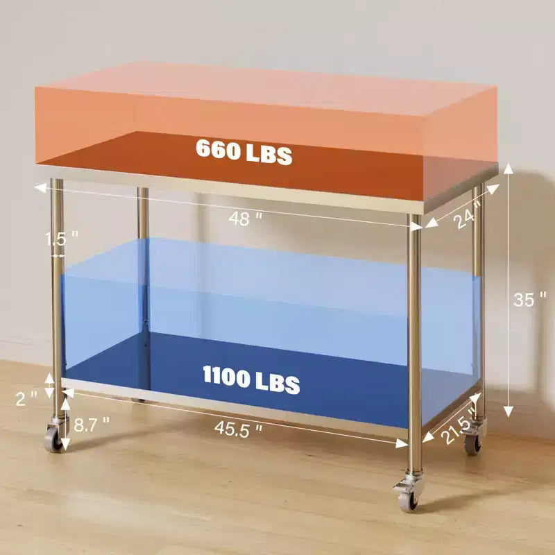 Table de travail en acier inoxydable 48x24x35, table de préparation robuste NSF avec étagère inférieure réglable
