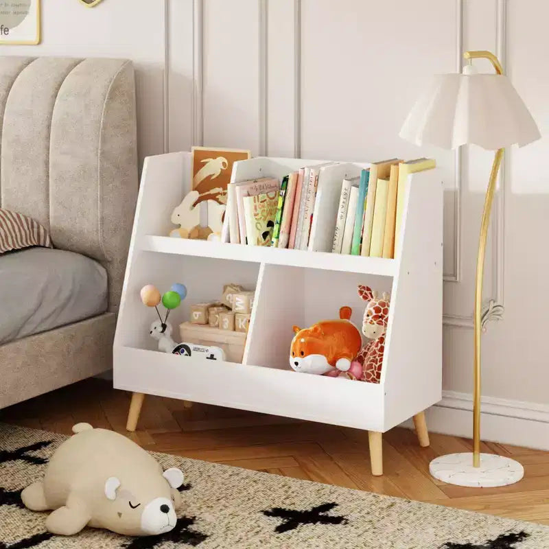 Étagère à Livres et Organiseur de Jouets pour Enfants, 5 Casiers en Bois, Bibliothèque Ouverte, Organiseur de Rangement à 2 Niveaux pour Bébé avec Pieds, Blanc Autonome