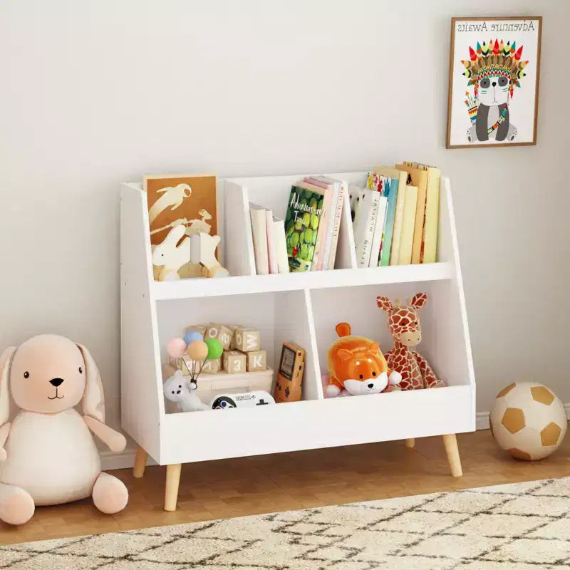 Étagère à Livres et Organiseur de Jouets pour Enfants, 5 Casiers en Bois, Bibliothèque Ouverte, Organiseur de Rangement à 2 Niveaux pour Bébé avec Pieds, Blanc Autonome