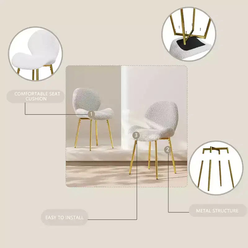 MAYEERTY Chaises de salle à manger modernes minimalistes en velours Teddy vert, lot de 2, avec pieds en métal doré robustes et dossier, pour cuisine, restaurant, bureau, blanc