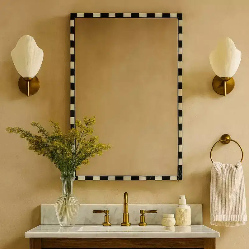 TEHOME livra Miroir mural rectangulaire décoratif en marbre avec motif damier noir et blanc audacieux 20 x 30'', parfait pour la salle de bain, l'entrée