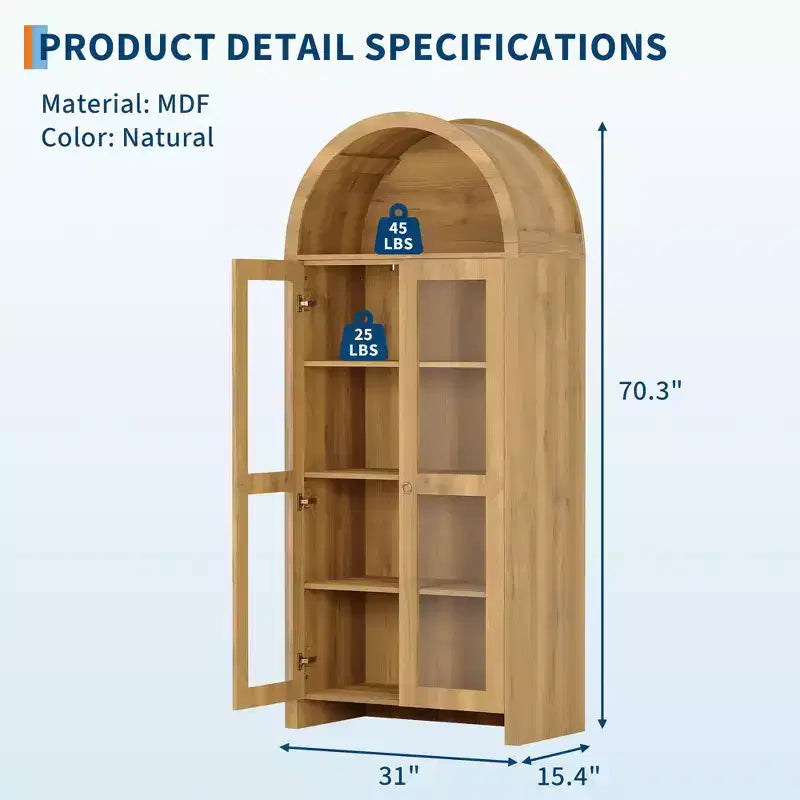 Armoire de rangement haute de 70 pouces avec portes arquées en acrylique, étagères réglables à 5 niveaux, meuble de rangement en bois, bibliothèque moderne pour cuisine, salle à manger et salon