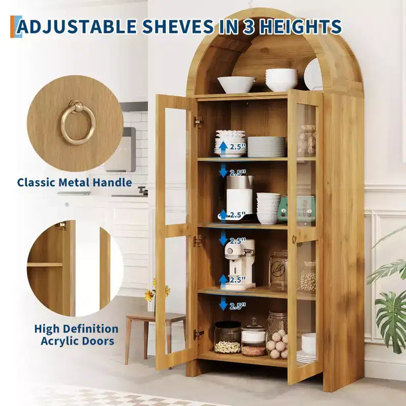 Armoire de rangement haute de 70 pouces avec portes arquées en acrylique, étagères réglables à 5 niveaux, meuble de rangement en bois, bibliothèque moderne pour cuisine, salle à manger et salon
