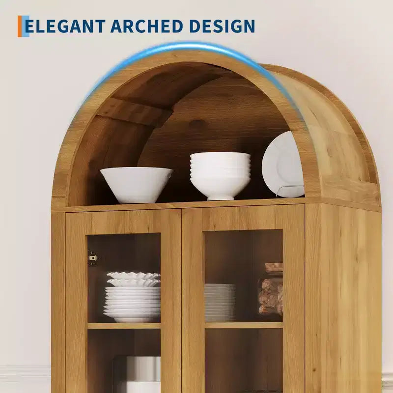 Armoire de rangement haute de 70 pouces avec portes arquées en acrylique, étagères réglables à 5 niveaux, meuble de rangement en bois, bibliothèque moderne pour cuisine, salle à manger et salon