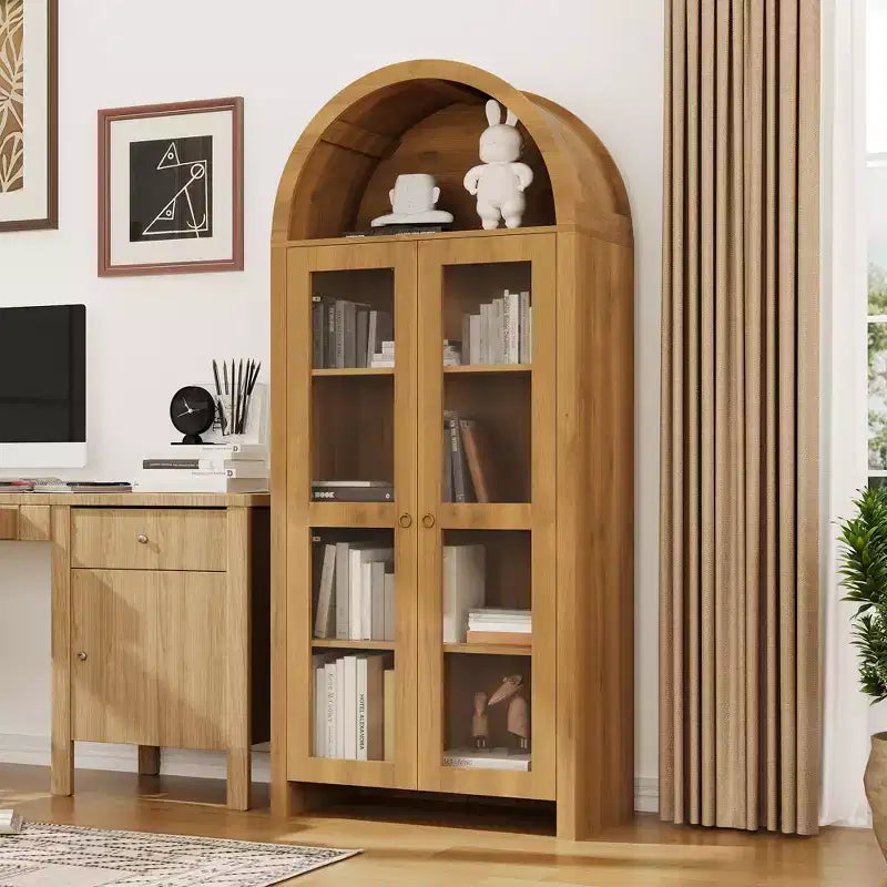 Armoire de rangement haute de 70 pouces avec portes arquées en acrylique, étagères réglables à 5 niveaux, meuble de rangement en bois, bibliothèque moderne pour cuisine, salle à manger et salon