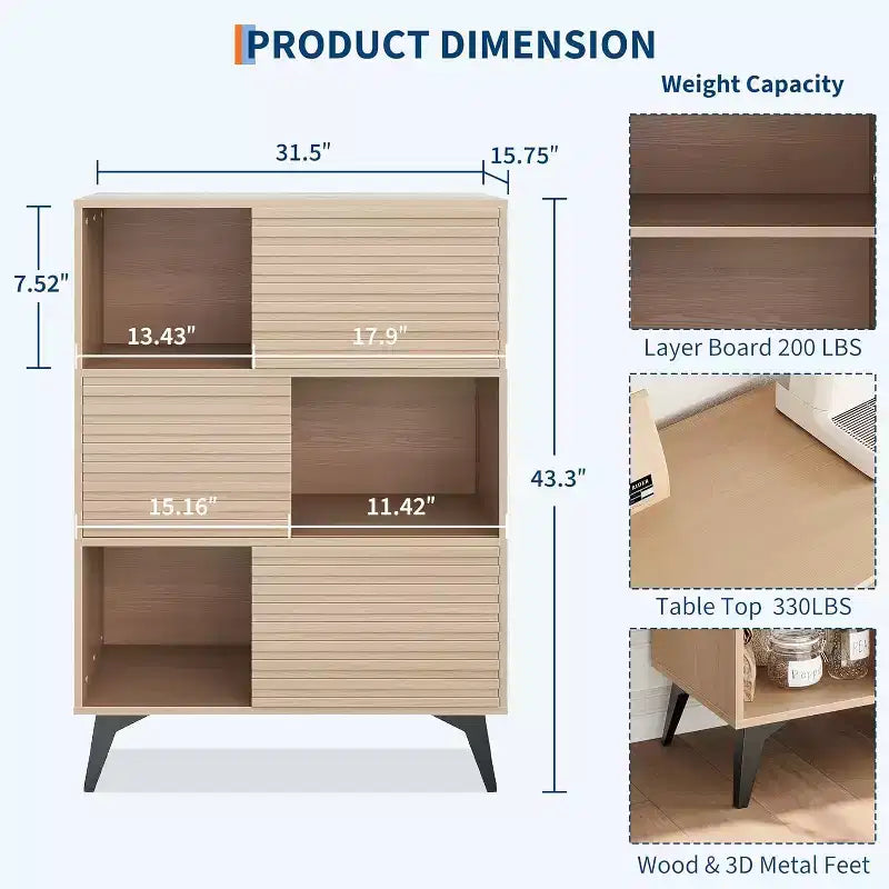 Bibliothèque et meuble de rangement à 3 niveaux - Buffet en bois massif avec étagères réglables, petit meuble de rangement pour salon, cuisine