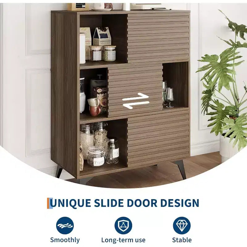 Bibliothèque et meuble de rangement à 3 niveaux - Buffet en bois massif avec étagères réglables, petit meuble de rangement pour salon, cuisine