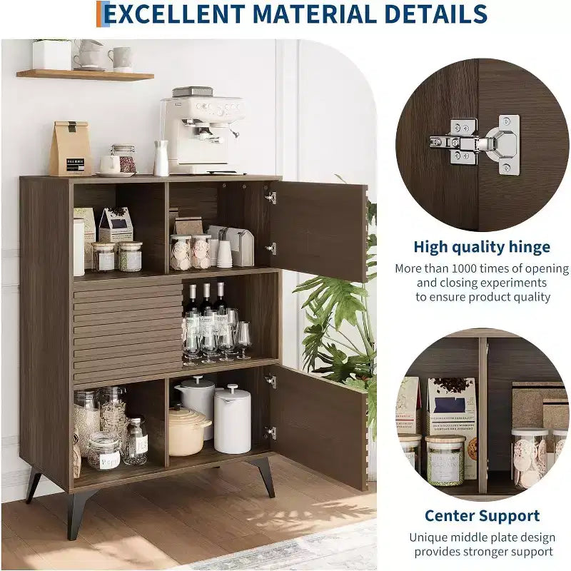 Bibliothèque et meuble de rangement à 3 niveaux - Buffet en bois massif avec étagères réglables, petit meuble de rangement pour salon, cuisine